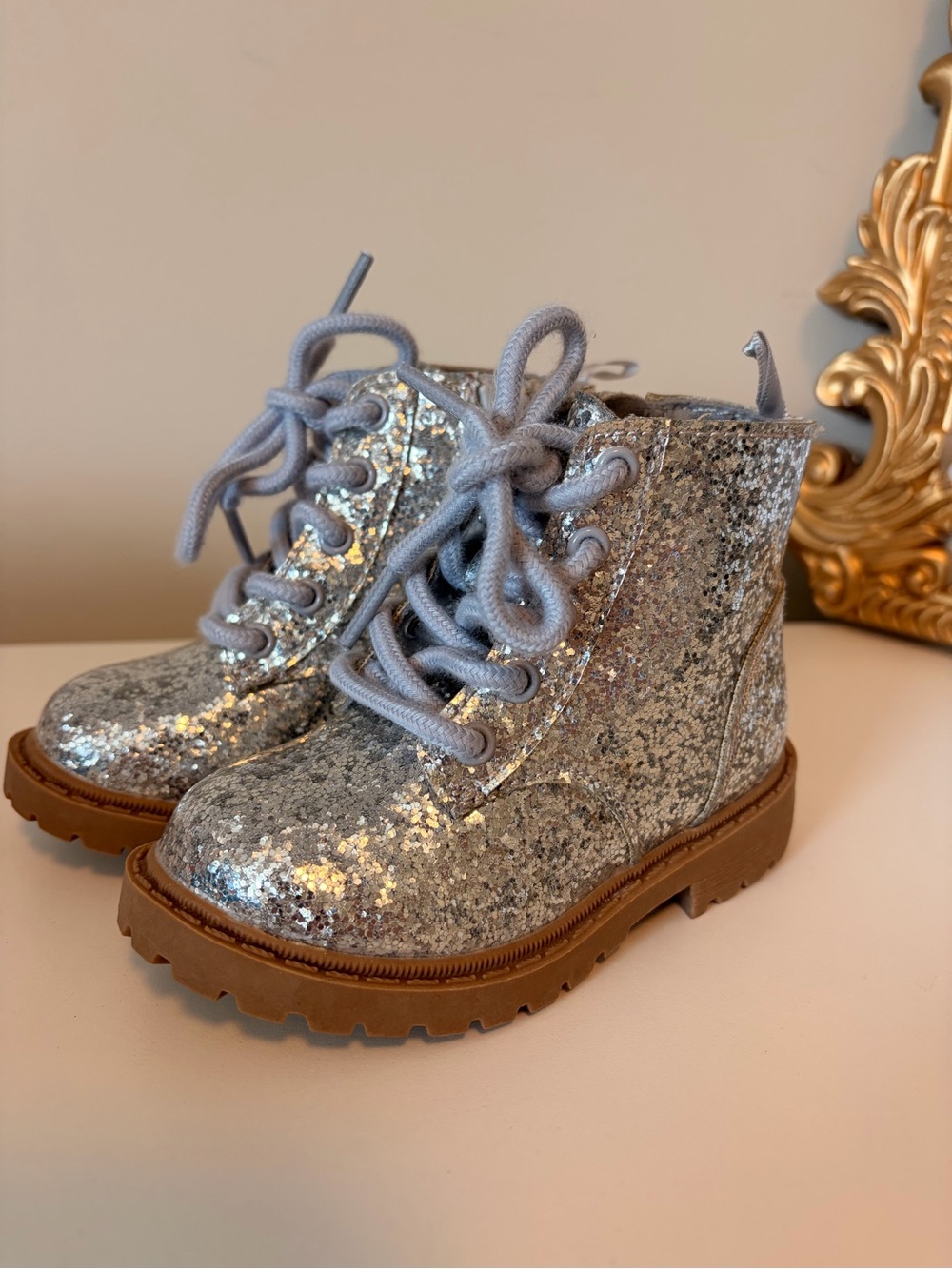 Old Navy Silver Glitter Lace-Up Kids Boots with Brown Sole